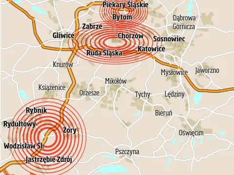 Mapa kopalni na Śląsku: gdzie występują niebezpieczne wstrząsy?