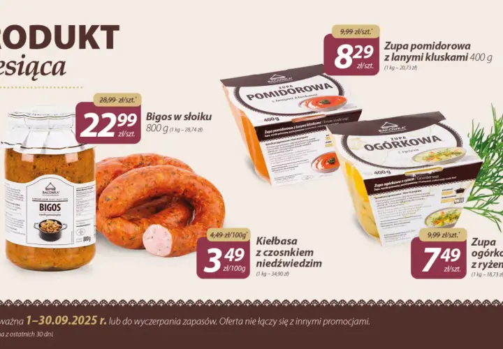 Słoik bigosu, kiełbasa, zupa pomidorowa i ogórkowa.